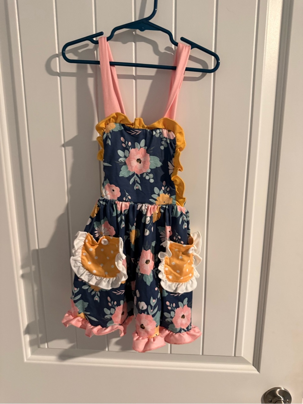 Girls Boutique Floral Ruffle Pocket Dress Size Small Pink Blue Mustard
